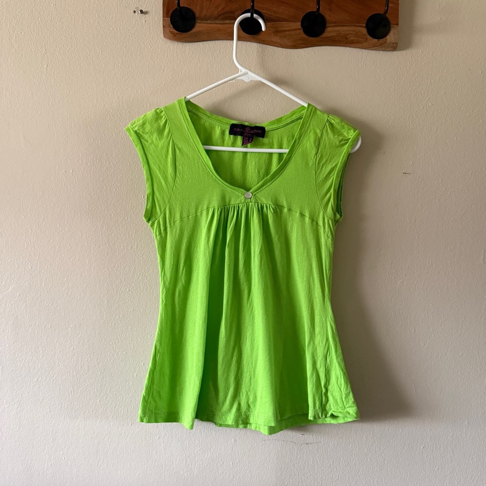 Zara Y2K Lime Green Empire Waist Babydoll Top Cap Sleeves V Neck Size S